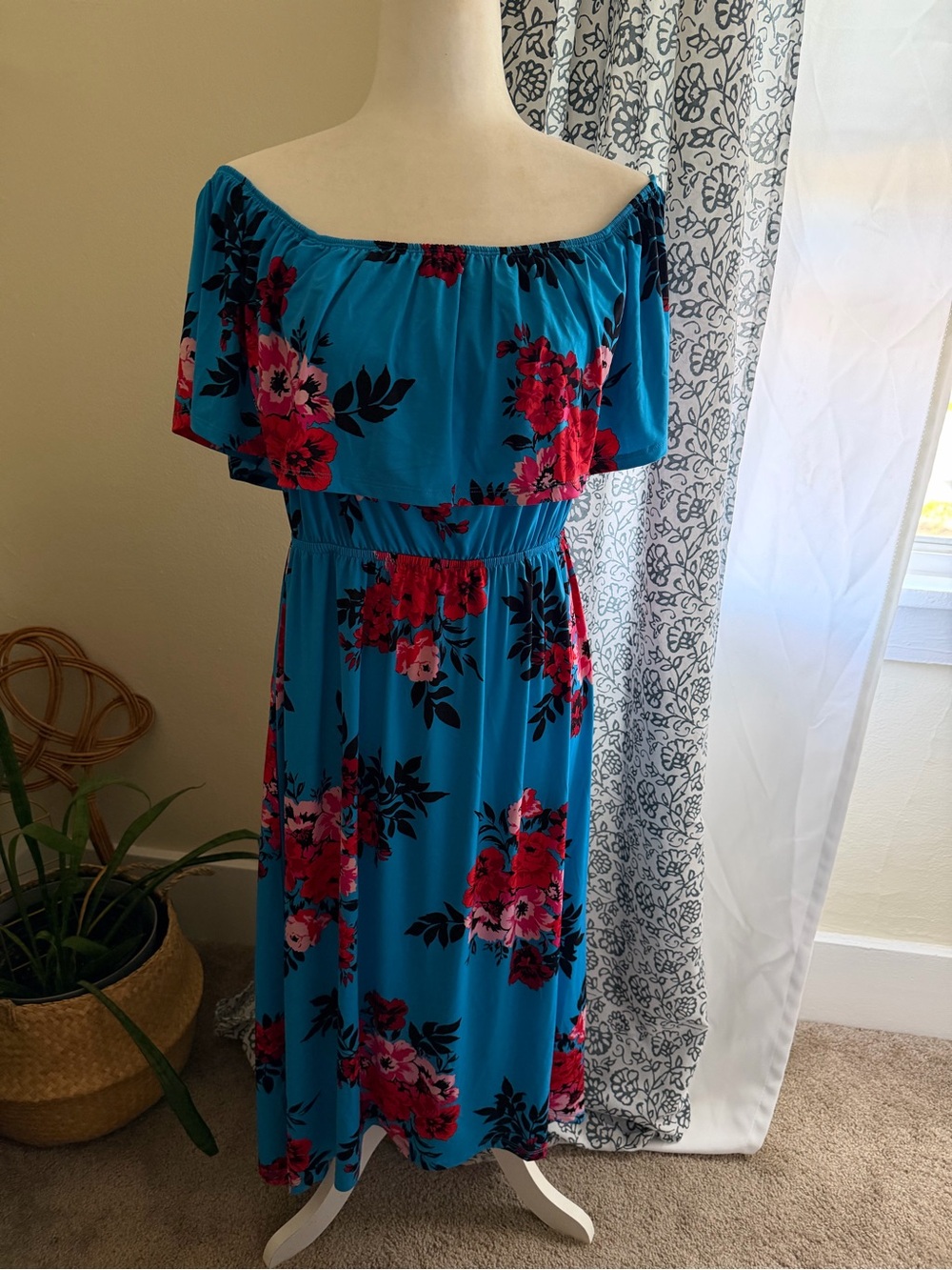 Du Jour Teal Off the Shoulder Floral Midi Dress